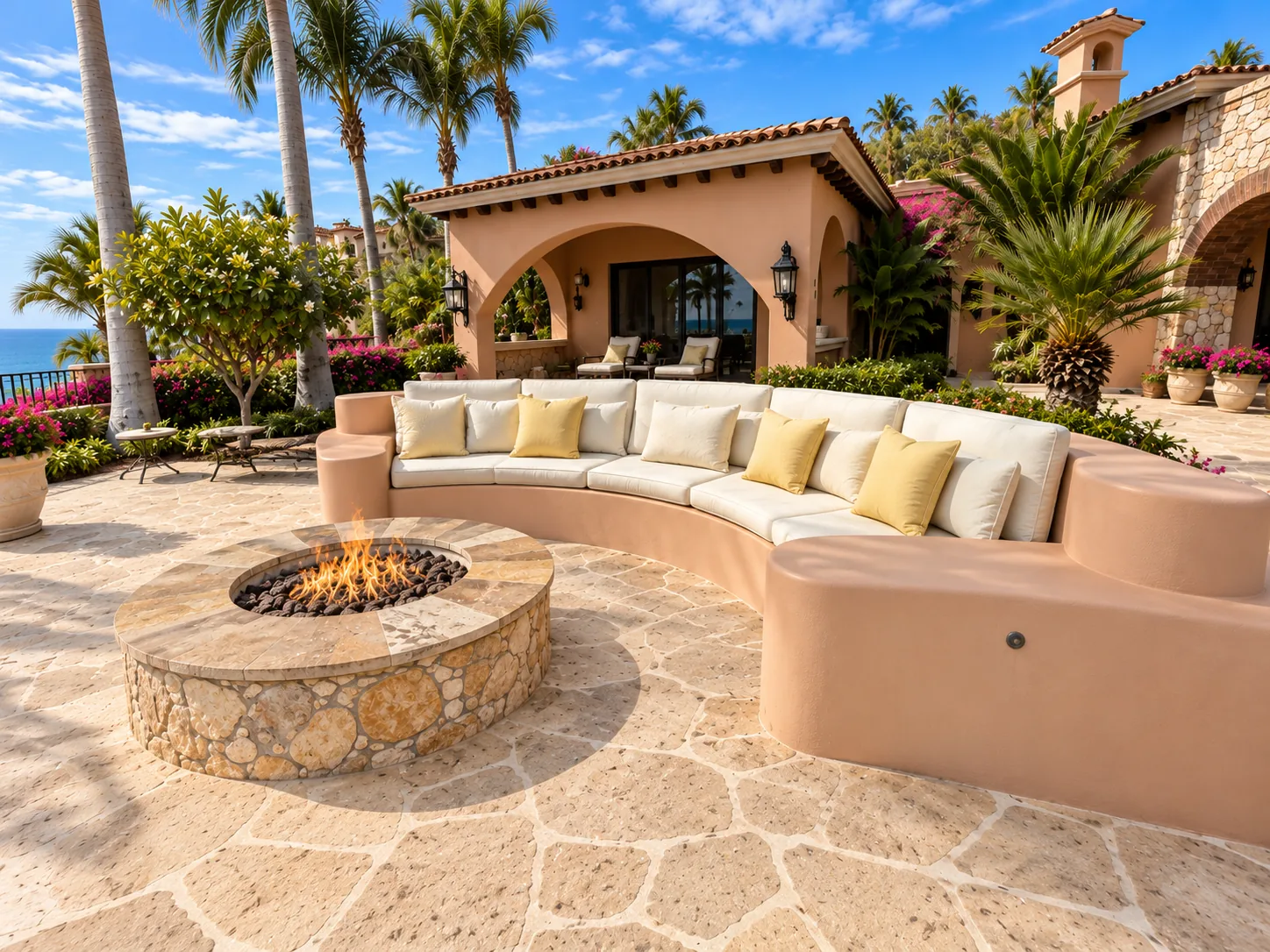 Curved sofa around the oceanfront firepit.