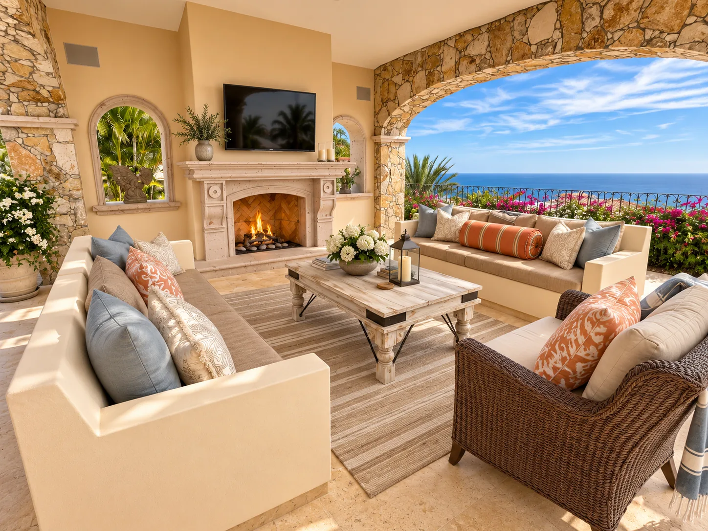 Covered lounge with a stone fireplace framing the ocean.